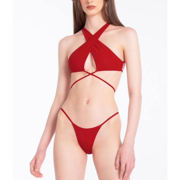 *NWOT Angelys Balek Cross Neck Wrap Front Bikini & String Brief in salsa - Picture 1 of 14